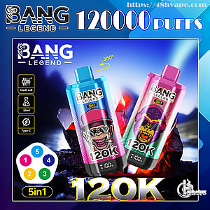 Two colorful Bang Legend disposable vape devices (blue and pink) labeled 120K with stylized monkey/skull faces, shown over glowing coals with large text reading 120000 puffs and 5in1, plus icons for mesh coil, 50ml capacity and Type‑C charging and a small 360° rotation arrow.