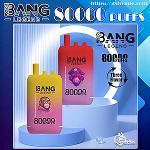 Advertising image featuring two colorful Bang Legend disposable vape devices—one yellow-to-pink and one red-to-pink with monkey logos—displaying the brand name, '80,000 puffs' text and a 'Three Flavor' circular arrow graphic on a blue geometric background.