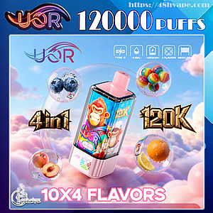 Bright promotional illustration of a pink-topped disposable vape device with a cartoon monkey label floating among pastel clouds, surrounded by fruit and candy flavor bubbles and bold text reading 120000 puffs, 120K, 4in1 and 10x4 flavors.