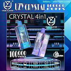 Futuristic advertisement showing two iridescent UZY CRYSTAL 4-in-1 vape devices floating against a neon cyber background with prominent text '100000 puffs' and 'Four Flavor', the brand logo, and icons noting four mesh coils, 56ml, 650mAh, 4-in-1 flavor and Type-C port.