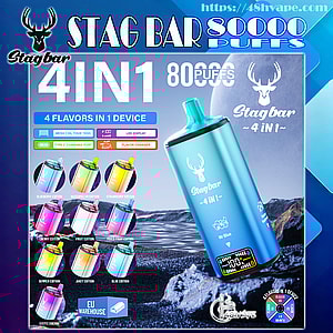 Advertisement for a metallic blue Stagbar 4-in-1 vape device with deer logo and small LED display, prominently labeled “4IN1” and “80,000 puffs,” shown with icons for “4 flavors in 1 device” and colorful thumbnail images of multiple flavor editions, set against a stylized ocean and rocky background with large STAG BAR branding.