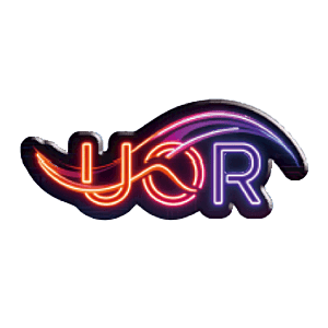 Stylized neon logo reading 'UOR' with an orange-red glowing U and O, a purple-blue glowing R, and a curved swoosh arc above connecting the letters.