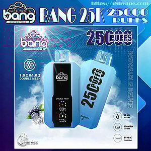 Packaging art showing two light-blue Bang disposable vape devices with prominent '25,000 puffs' text, 'double mesh' branding, icons for 30 ml volume, 650 mAh battery and Type‑C charging, and blueberry imagery against a blue vapor background.