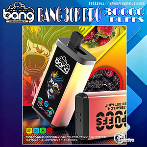 Bright product ad for the Bang 30K Pro disposable vape featuring two metallic gradient devices—one displaying a flaming skull with sunglasses and digital icons—surrounded by strawberries and berries and large "30,000 puffs" branding.