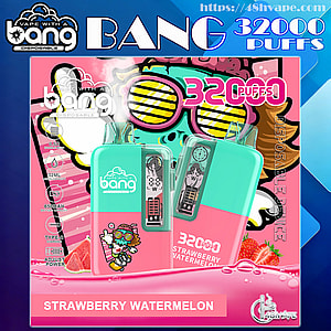 Colorful packaging for a Bang disposable vape featuring two mint-teal and pink devices, bold "32000 PUFFS" text, a "Strawberry Watermelon" flavor label, a cartoon character wearing shutter shades, and strawberry and watermelon illustrations.