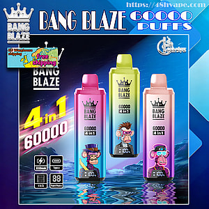 Three colorful Bang Blaze disposable vape pens (pink, lime, and rose-gold) labeled 60000 and 4 in 1 with cartoon ape illustrations, prominent '4 in 1 60000' text, brand logos and a 'free shipping' EU shipping badge on a glossy blue gradient promotional background.