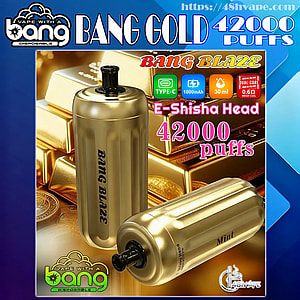Two metallic gold cylindrical disposable vape devices labeled "Bang Blaze" and "Mint" displayed on stacked gold bars with bold text reading "Bang Gold 42000 puffs" and icons showing Type‑C, 1000mAh battery and 30 ml capacity.