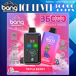 Promotional ad for Bang Ice Level disposable vape showing two devices—a black unit with a digital front display and a purple-pink Triple Berry unit with alien artwork—highlighting 36,000 puffs, 'ICE' cooling, fingerprint pressure regulation, 850mAh battery, and Type-C charging.