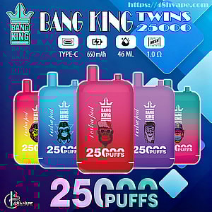 Colorful arrangement of five Bang King Twins 25000 disposable vape pods against a blue geometric background, with icons indicating Type-C, 650 mAh, 46 mL and 1.0 Ω and prominent "25,000 puffs" branding.