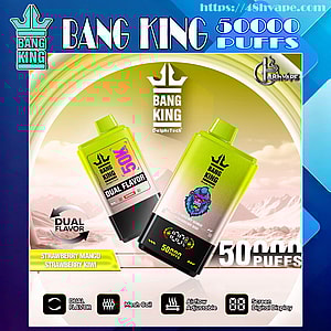 Promotional poster for Bang King disposable vape featuring two lime-green gradient devices marked “50,000 puffs” and “Dual Flavor” (Strawberry Mango / Strawberry Kiwi), with the brand crown logo and icons indicating mesh coil, adjustable airflow, and a digital screen display.