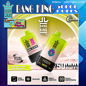 Two lime-green Bang King disposable vape devices prominently displayed with '50,000 puffs' labeling and dual-flavor branding (Strawberry Mango, Strawberry Kiwi), a small digital puff counter, and icons indicating dual flavor, mesh coil, adjustable airflow and screen display, set against a stylized backdrop with the Bang King logo.