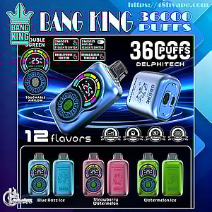Advertisement for the Bang King “36000 Puffs” Delphitech disposable vape showing two metallic blue devices with colorful circular touchscreens, labels touting 36,000 puffs, double screen and touchable airflow, icons for 30ml, 650mAh and Type‑C charging, and three color samples labeled Blue Razz Ice, Strawberry Watermelon and Watermelon Ice.