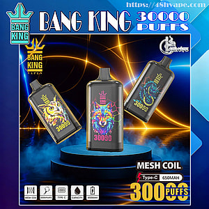 Drei schwarze Einweg-Vaporizer von Bang King mit neonfarbenen Tiermotiven (Eule, Wolf, Drache) auf einem beleuchteten Sockel mit Etiketten mit der Aufschrift „BANG KING“, „30.000 Züge“, „Mesh Coil“ und „Type‑C 650 mAh“ vor einem blau und gold leuchtenden Hintergrund.