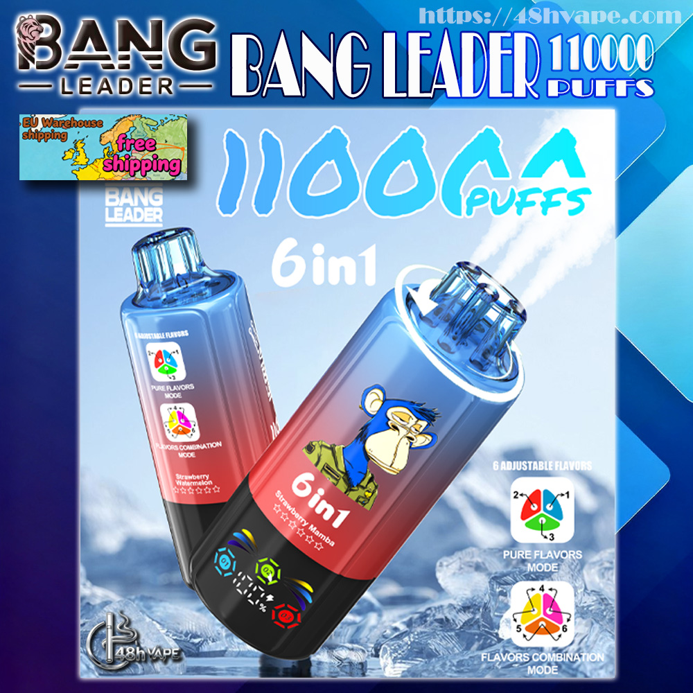 Blue-to-red gradient Bang Leader 6-in-1 disposable vape device shown at an angle over ice with a clear mouthpiece, cartoon ape logo, prominent '11000 puffs' text, flavor-mode icons and a small 'free shipping' map graphic.