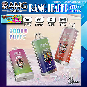 Three colorful Bang Leader disposable vape devices with roaring tiger graphics and flavor labels (Blueberry Mint, Mango Peach and a pink variant), prominently advertising “20000 puffs” alongside icons for Type‑C charging, 650 mAh battery, 28 ml e‑liquid capacity and 1.0 Ω mesh coil.