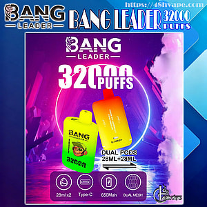 Neon advertisement for BANG LEADER disposable vape featuring two colorful rectangular devices in yellow‑green and orange‑red, large text '32000 PUFFS', and callouts for dual pods 28ml+28ml, Type‑C charging, 650mAh battery and dual mesh against a purple circular neon background.