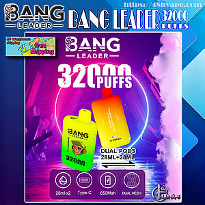 Colorful advertisement for Bang Leader disposable vape showing two gradient-colored devices, large '32000 puffs' text, 'Dual Pods 28ML+28ML' label and icons for 28ml x2, Type-C, 650mAh and Dual Mesh, with the brand logo and a small 'free shipping' EU map in the corner.