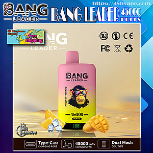 Pink-to-yellow gradient disposable vape device labeled BANG LEADER 45000 PUFFS standing on a reflective surface next to sliced mango pieces and ice cubes, with certification icons and promotional banners for free shipping and product features around it.