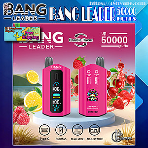 Colorful advertisement showing two pink Bang Leader vape devices (front and back) on a pedestal with fruit imagery (lemons, raspberries, cherries, strawberries), text noting double flavor and up to 50,000 puffs, and icons for Type-C charging, 650mAh battery, dual mesh, and adjustable settings.