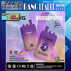 Advertisement showing two purple-gradient Bang Leader disposable vape devices labeled 80,000 puffs with a stylized monkey logo, icons for Type-C charging and dual mesh, listed flavors (cola ice, blueberry raspberry, peach mango watermelon), an EU free-shipping badge, and a nicotine warning bar at the bottom.