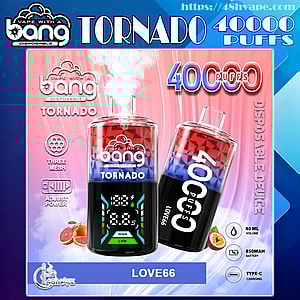 Advertisement showing two Bang Tornado disposable vape devices in a red-to-blue gradient labeled 40,000 puffs and LOVE66, one upright with a digital power display and the other tilted, with icons for 40 mL volume, 850 mAh battery, Type-C charging, three-mesh and adjustable power, plus small grapefruit and passionfruit illustrations on a blue‑pink gradient background.