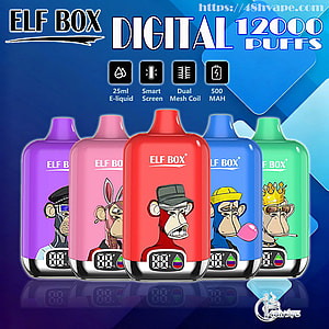 Row of five colorful ELF BOX digital disposable vape devices (purple, pink, red, blue, green) each bearing stylized ape illustrations and a small digital display at the base, set against a blue geometric background with prominent text reading DIGITAL 12000 PUFFS and icons noting 25ml e-liquid, smart screen, dual mesh coil, and 500 mAh.
