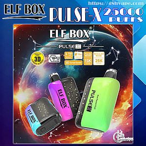 Colorful advertisement poster for the ELF BOX Pulse-X disposable vape showing three curved rectangular devices in green, purple and blue on a cosmic planet background, with large '25000 puffs' branding and small icons noting specs like 750 mAh battery, 18 mL e‑liquid and a 3D curved screen.