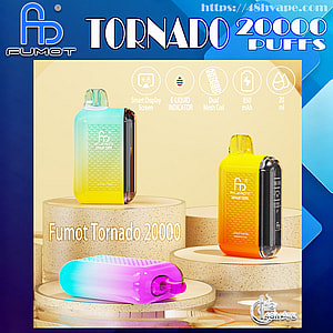 Three gradient-colored Fumot Tornado 20000 disposable vape devices—green-to-yellow, orange-to-yellow, and purple-to-cyan—are staged on round stone pedestals against a blue backdrop with icons showing smart display, e-liquid indicator, dual mesh coil, 850 mAh and 20 ml and prominent 'Tornado 20000 puffs' branding.