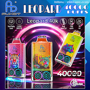 Three glitter-finish Fumot Leopard 40k disposable vape devices featuring colorful leopard artwork, twin digital puff counters and icons advertising 40,000 puffs, 700 mAh battery, dual mesh coil and 30 ml e-liquid.