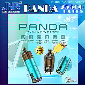 Turquoise metallic JNR 'PANDA' refillable vape device with smiling panda logo shown alongside two translucent pods and a golden e-liquid dropper, overlaid with icons and text advertising approx. 25,500 puffs, battery display, colorful breathing light, dual mesh coil, 850mAh battery and Type‑C charging on a blue geometric background.