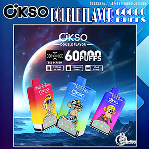 Colorful ad for OKSO Double Flavor disposable vapes showing three rectangular devices with cartoon ape illustrations floating over a planet-and-mountain space background, prominent "60,000 puffs" text and icons for LED screen, 2×25ml oil tank, 650mAh battery and 50ml e-liquid.