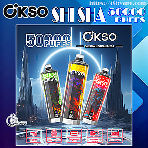 Three tall OKSO Shisha Hookah Mega vape devices with colorful abstract skins centered against a futuristic icy landscape, large text reading “50,000 puffs” above them and feature icons below for adjustable airflow, triple mesh coil, rechargeable Type‑C, 1100mAh battery, and 40ml e‑liquid.