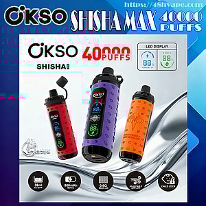 Advertisement showing three cylindrical OKSO Shisha Max disposable vapes in red, purple, and orange with front LED screens, large "40,000 puffs" branding at the top, and icons along the bottom indicating 36ml e-liquid, 800mAh battery, 0.6Ω mesh coil, adjustable airflow, and child lock against a blue-and-white background.