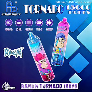 Promotional blue and purple graphic showing two colorful RandM Tornado disposable vape devices with cartoon monkey illustrations, large 'Tornado 15000 puffs' text, brand logos and icons listing specs (850mAh, 25ml, 0.9Ω, Type‑C) on a geometric blue background.