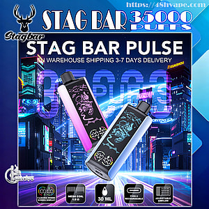 Advertisement for the Stag Bar Pulse vape showing two pastel pink and blue rectangular pod devices with deer graphics floating over a neon cyberpunk city backdrop, prominent text reading STAG BAR PULSE and 35000 PUFFS, and icons noting mesh coil 1.0 Ω, 30 mL e-liquid, Type‑C rechargeable port, and adjustable airflow.