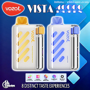Promotional graphic showing two Vozol VISTA disposable vape devices with yellow and blue accents and clear e-liquid chambers, bold text advertising 40,000 puffs, feature icons and the tagline “8 distinct taste experiences” on a blue geometric background.