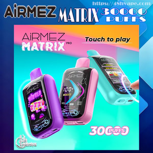 Colorful ad featuring three AiRMEZ Matrix disposable vape devices in purple, pink, and teal with touchscreen displays (showing “Winner 777” and “100% BOOST”), prominent branding and “30,000 puffs” and “Touch to play” text on a bright turquoise and blue gradient background.