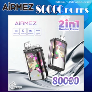 Two Airmez disposable vape devices with colorful fox artwork and chrome bases set against a silver and blue background, advertising 80,000 puffs and 2-in-1 double flavor with icons for mesh coil, 15ml×2 capacity, 650mAh battery and Type-C charging.