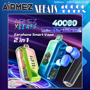 Colorful advertisement for AiRMEZ XBEATS Earphone Smart Vape 2-in-1 showing green and blue transparent vape units holding matching wireless earbuds with electric blue spark effects, prominent “40000 puffs” and branding text on a purple-and-blue swirling background.