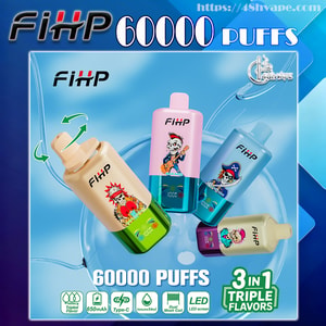 Promotional graphic showing five colorful FIHP disposable vape devices with cartoon skull and pirate designs against a blue background, labeled "60000 PUFFS" and "3 in 1 Triple Flavors" with small icons indicating 650mAh, Type-C charging, 54ml volume, dual mesh coil and LED screen.