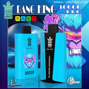 Dos dispositivos de vapeo desechables Bang King 30K Pro de color turquesa brillante se muestran en la parte delantera y trasera con un colorido gorila azul-violeta con gafas de sol, una etiqueta de sabor 'Blueberry Raspberry' e íconos que indican carga tipo C, 850 mAh, 36 ml y 30 000 inhalaciones sobre un fondo gráfico azul.