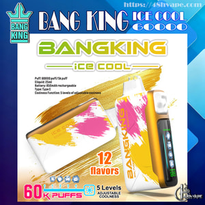 Advertisement for Bang King Ice Cool 60,000 disposable vape showing two white-and-gold devices with pink brushstroke accents, prominent text 'BANG KING ICE COOL 60000', and badges highlighting '60K puffs', '12 flavors', '5 levels adjustable coolness' plus battery and e-liquid specs.