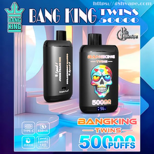 Two black Bang King Twins disposable vape devices on a pastel futuristic platform, one front-facing with a colorful skull graphic, '5000 puffs' label and digital battery readout, the other showing product text and a DelphTech logo, surrounded by brand logos and charging/feature icons.