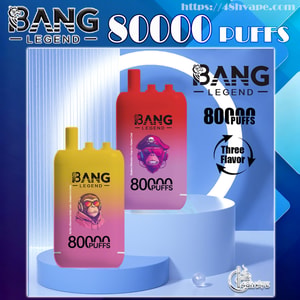 Advertising image featuring two colorful Bang Legend disposable vape devices—one yellow-to-pink and one red-to-pink with monkey logos—displaying the brand name, '80,000 puffs' text and a 'Three Flavor' circular arrow graphic on a blue geometric background.