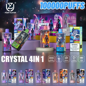 Colorful product display showing multiple Crystal 4IN1 disposable vape devices and boxed packaging with neon astronaut and space-themed illustrations, a large 'PUFFS' headline, visible nicotine warning labels, and icons indicating four flavors, 56ml, 650mAh, and a Type-C port, set against a starry cosmic background.