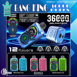 Publicité pour le vape jetable Delphitech Bang King “ 36 000 Puffs ” montrant deux appareils bleu métallisé avec des écrans tactiles circulaires colorés, des étiquettes vantant 36 000 bouffées, un double écran et un flux d'air tactile, des icônes pour 30 ml, 650 mAh et une charge de type C, et trois échantillons de couleurs étiquetés Blue Razz Ice, Strawberry Watermelon et Watermelon Ice.