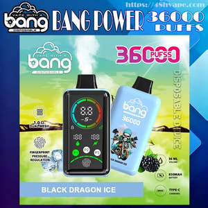 Colorful advertisement for a Bang disposable vape labeled 'Bang Power 36000 Puffs' showing a black device with a digital display and fingerprint icon next to a light blue device with a motorcycle graphic, surrounded by icons for 1.0Ω dual mesh, fingerprint pressure regulation, 36 ml volume, 850 mAh battery and Type-C charging, with the flavor name 'Black Dragon Ice'.