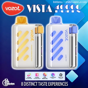 Promotional graphic showing two Vozol VISTA disposable vape devices with yellow and blue accents and clear e-liquid chambers, bold text advertising 40,000 puffs, feature icons and the tagline “8 distinct taste experiences” on a blue geometric background.