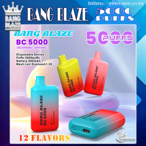 Colorful advertisement featuring four gradient Bang Blaze BC5000 disposable vape devices with prominent text '5000 PUFFS' and '12 FLAVORS', brand logo and small specs noting 5,000 puffs and a 600mAh battery.