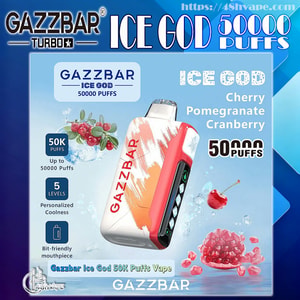 Promotional poster featuring a white-and-red GAZZBAR 'Ice God' vape device centered against an icy blue background with cherry and pomegranate graphics, text advertising 50,000 puffs, flavors Cherry/Pomegranate/Cranberry, icons for 5 cooling levels and a bit-friendly mouthpiece, and prominent GAZZBAR branding.